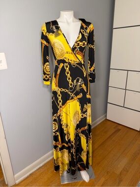 Black and Yellow Chain-Print Wrap Maxi Dress